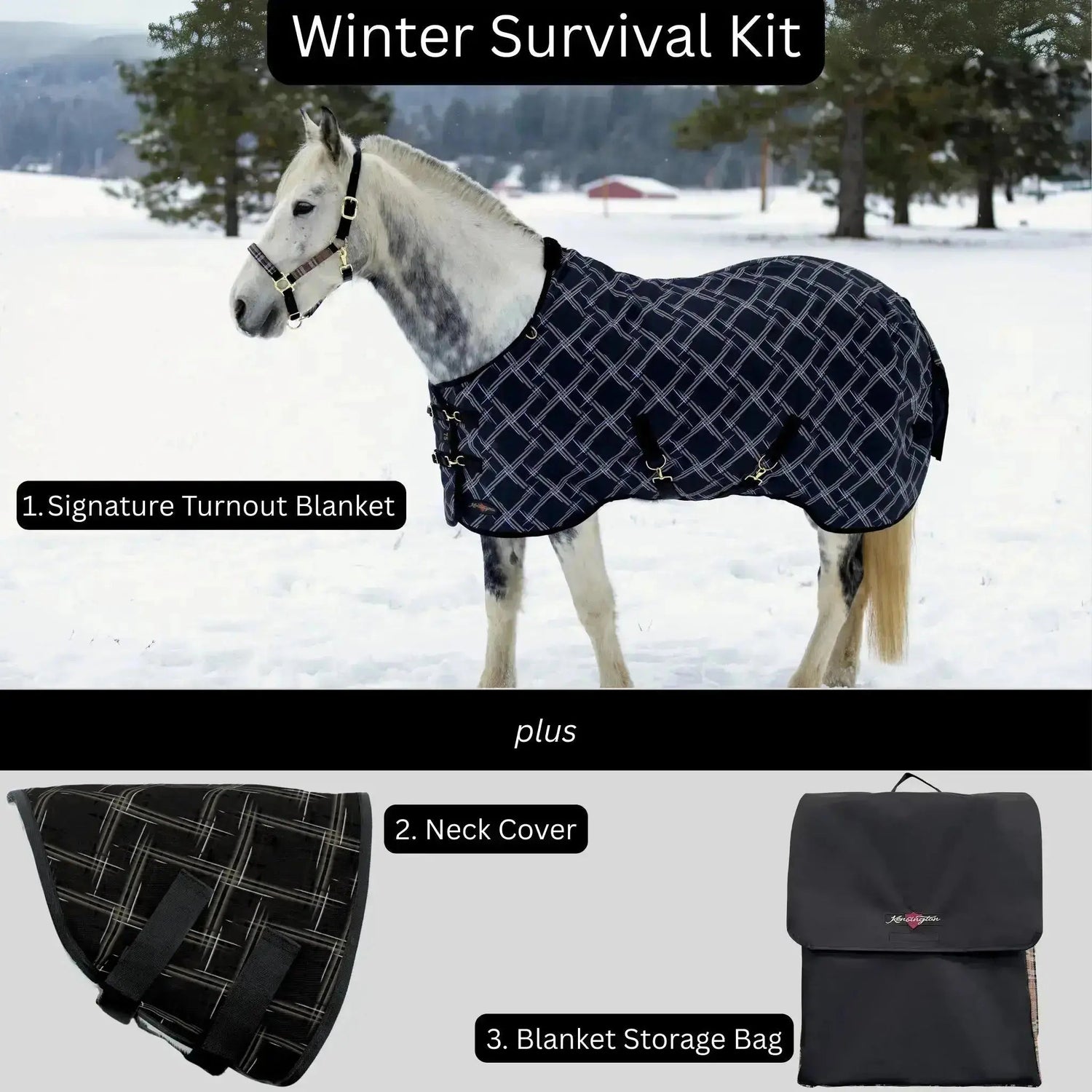 Survival Bundle: Mid-Weight 180g Winter Horse Turnout Blanket, Neck Warmer & Blanket Storage Bag