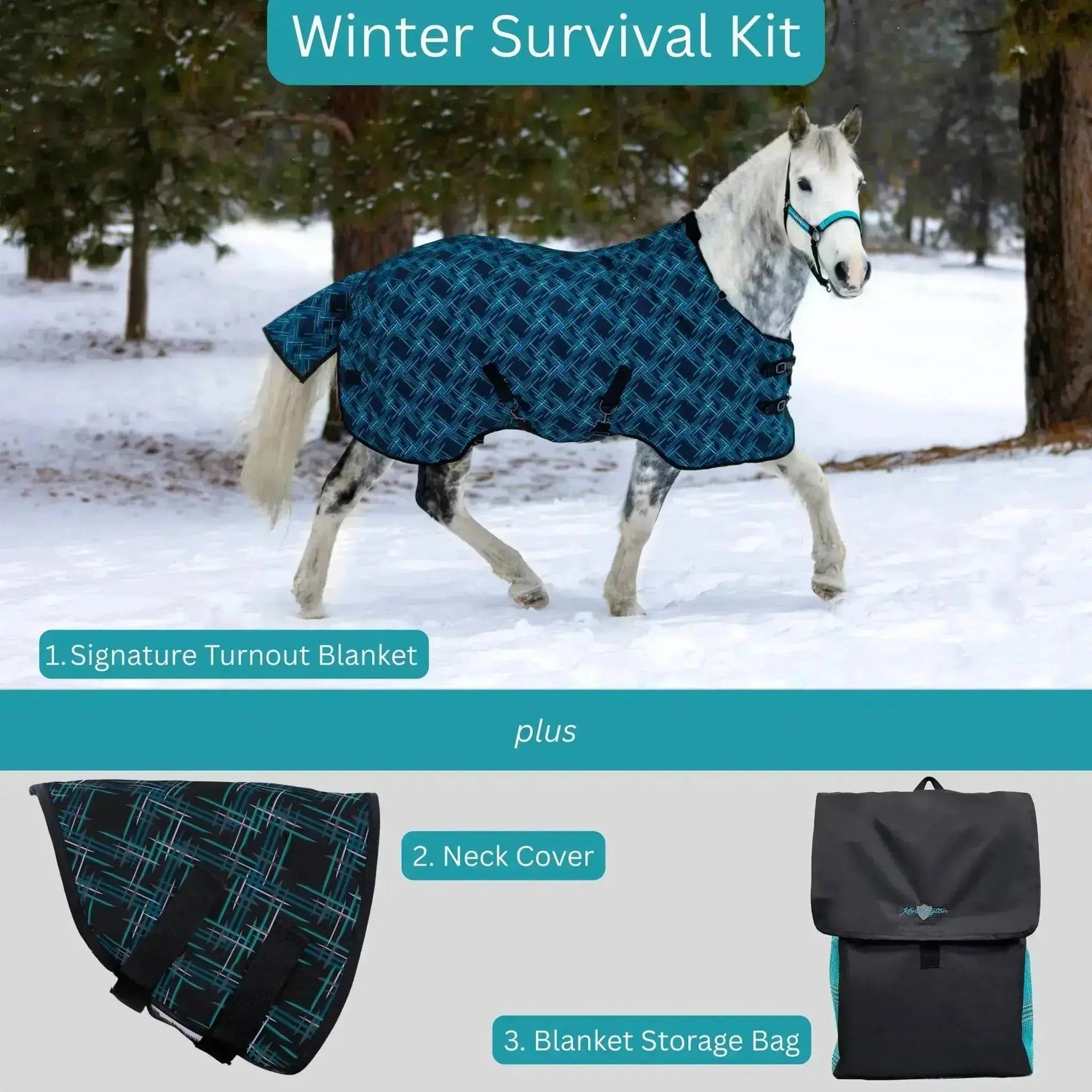 Survival Bundle: Heavyweight 300g Winter Horse Turnout Blanket, Neck Warmer & Blanket Storage Bag