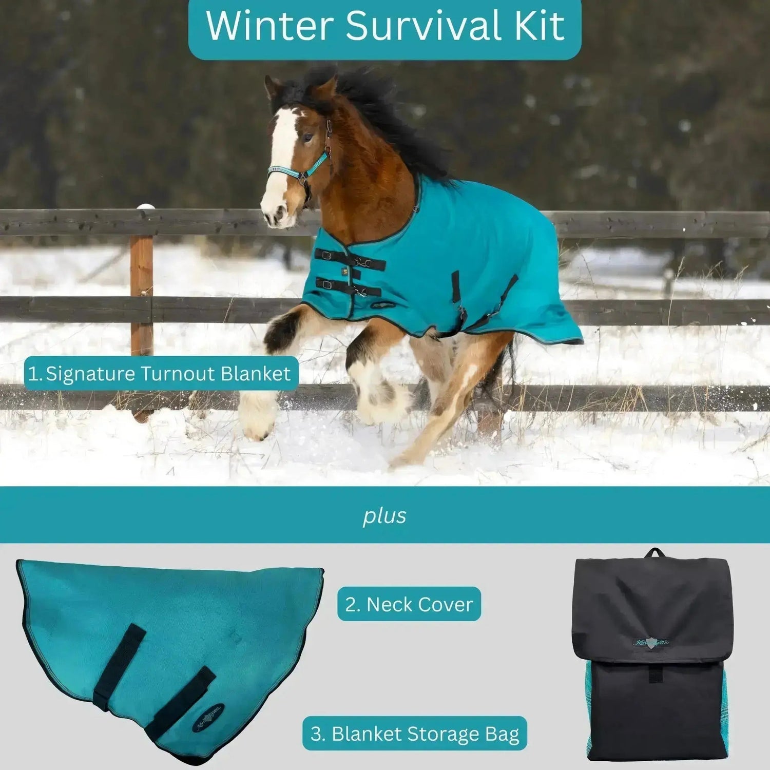 Survival Bundle: Mid-Weight 180g Winter Horse Turnout Blanket, Neck Warmer & Blanket Storage Bag