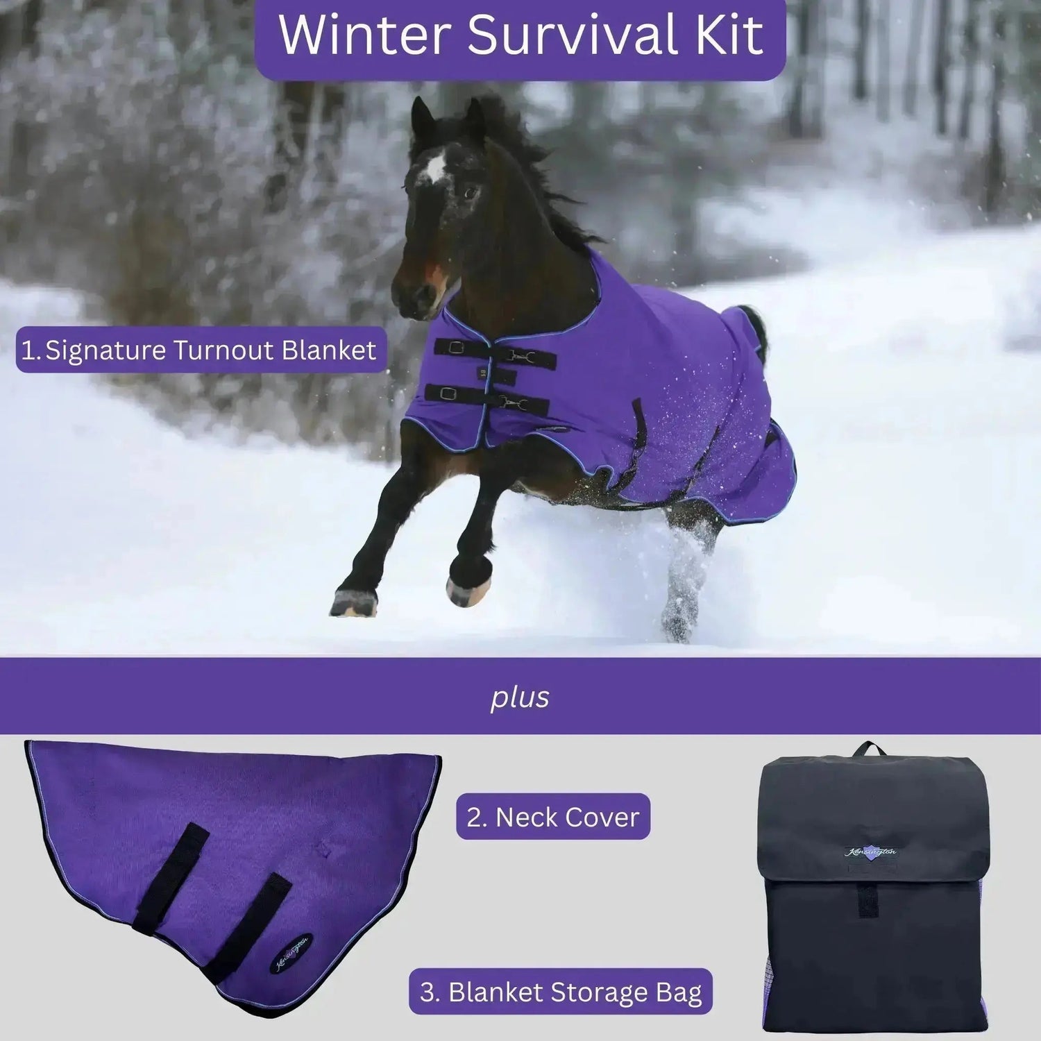 Survival Bundle: Heavyweight 300g Winter Horse Turnout Blanket, Neck Warmer & Blanket Storage Bag